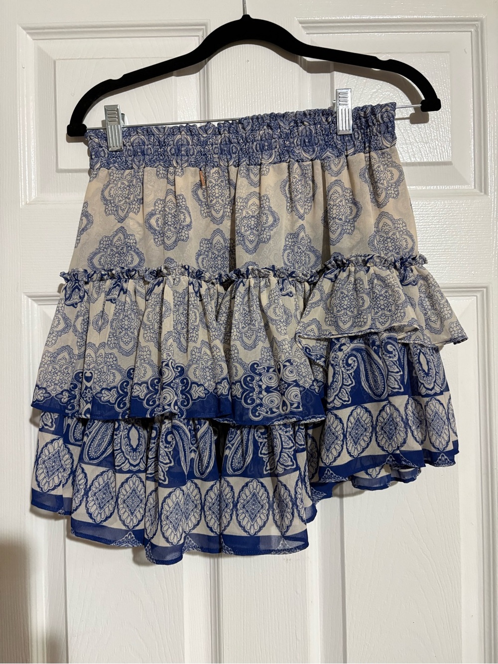 Misa Los Angeles Blue and Cream Tiered Ruffle Mini Skirt - Picture 2 of 4